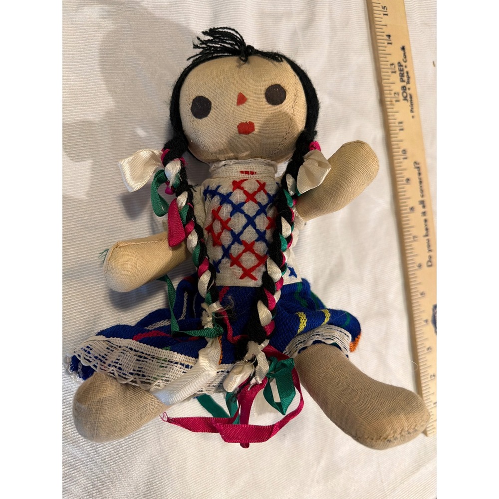 Vintage Mexican Maria Rag Doll Handmade Hand Embroidered Folk Art 11 Inch Blue